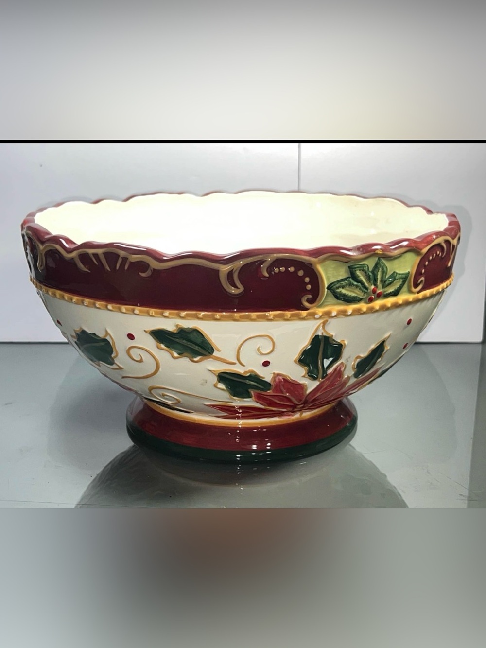 Christmas Poinsettia & Holly Ceramic Serving Bowl